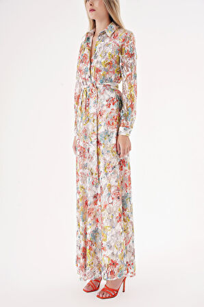 Karışık Renkler Dantel rahat kesim uzun gömlek elbise 94512 | L