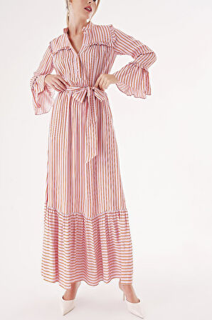 Çizgili Beli lastikli büzgülü uzun elbise 94541 | S