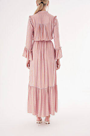 Çizgili Beli lastikli büzgülü uzun elbise 94541 | S