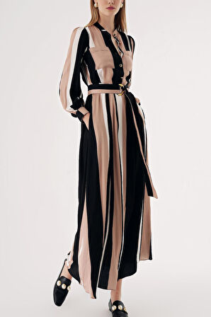 Çizgili Cepli yarım pat kemerli elbise 94426 | S