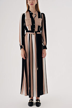 Çizgili Cepli yarım pat kemerli elbise 94426 | S