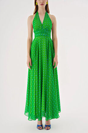 Yeşil Şifon askılı uzun elbise 93791 | M