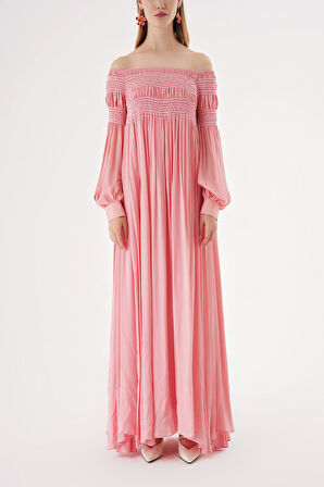 Pembe Düşük omuz gipeli bol elbise 94189 | L