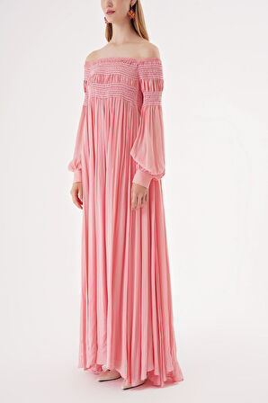 Pembe Düşük omuz gipeli bol elbise 94189 | L