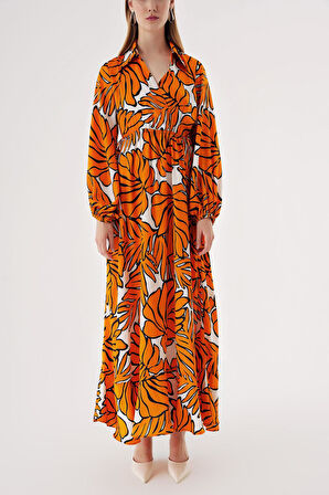 Turuncu Anvelop kapama gömlek yaka uzun elbise 94485 | L