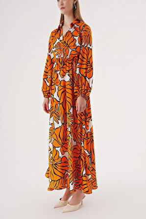 Turuncu Anvelop kapama gömlek yaka uzun elbise 94485 | L