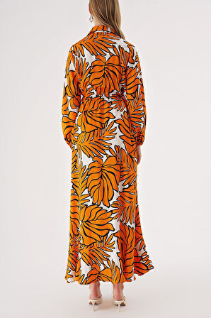 Turuncu Anvelop kapama gömlek yaka uzun elbise 94485 | L