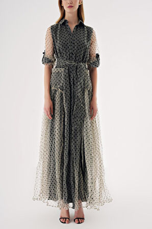 Puantiyeli Büzgülü beli lastikli uzun gömlek elbise 94573 | M