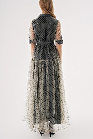 Puantiyeli Büzgülü beli lastikli uzun gömlek elbise 94573 | M