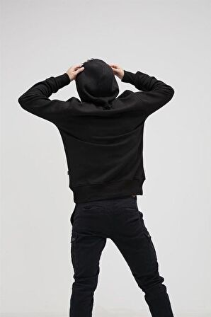 Simple Hoodie Siyah Erkek Kapüşonlu Sweatshirt