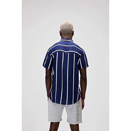 Sergio Shirt Lacivert Kısa Kollu Çizgili Erkek Gömlek