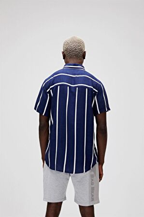Sergio Shirt Lacivert Kısa Kollu Çizgili Erkek Gömlek