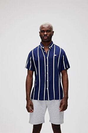 Sergio Shirt Lacivert Kısa Kollu Çizgili Erkek Gömlek