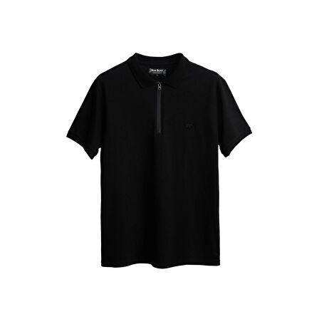 Cord Siyah Polo Yaka Fermuarlı Erkek T-Shirt