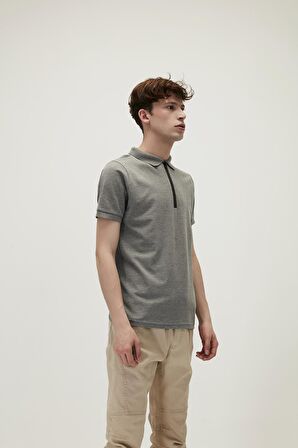 Cord Koyu Gri Polo Yaka Fermuarlı Erkek T-Shirt