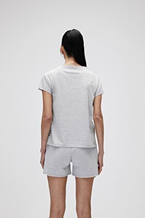 Logo Tee T-Shirt Gri Melanj Baskılı Kadın Tişört