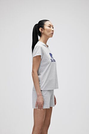 Logo Tee T-Shirt Gri Melanj Baskılı Kadın Tişört