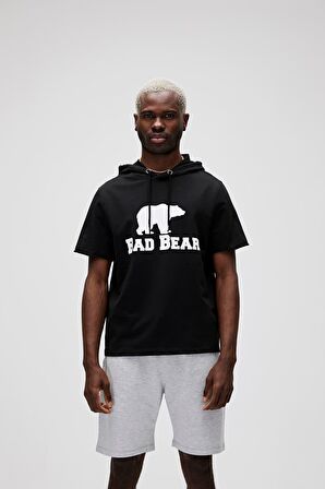 Bad Net Hoodie Siyah Baskılı Kısa Kollu Kapüşonlu Erkek Sweatshirt