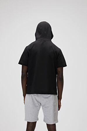 Bad Net Hoodie Siyah Baskılı Kısa Kollu Kapüşonlu Erkek Sweatshirt
