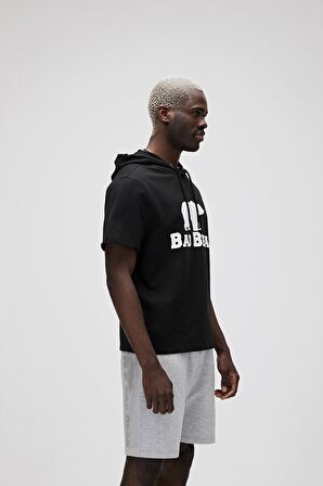 Bad Net Hoodie Siyah Baskılı Kısa Kollu Kapüşonlu Erkek Sweatshirt