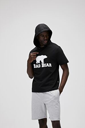 Bad Net Hoodie Siyah Baskılı Kısa Kollu Kapüşonlu Erkek Sweatshirt