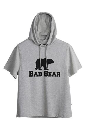 Bad Net Hoodie Gri Melanj Baskılı Kısa Kollu Kapüşonlu Erkek Sweatshirt