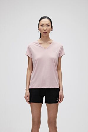 Violet V-Neck T-Shirt Pudra Pembe Basic Kadın Tişört