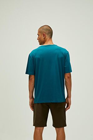 Title Oversize T-Shirt Petrol Mavi Baskılı Erkek Tişört