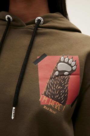 Bad Bear Here Kapüşonlu Kadın Haki Sweatshirt