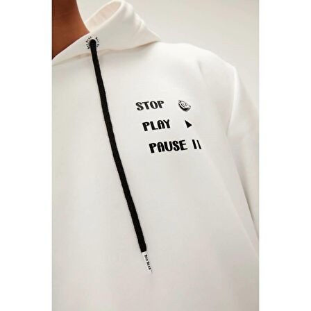 Pause Hoodie Off-White Beyaz Baskılı Kapüşonlu Erkek Sweatshirt