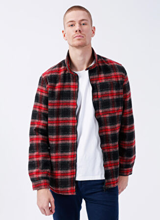 Micah Siyah/Kırmızı Kareli Fermuarlı Erkek Gömlek Ceket