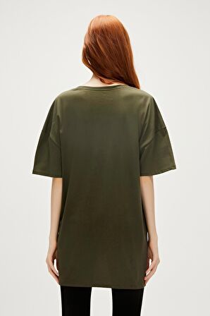 Aliana Oversize T-Shirt Haki Yeşil Basic Kadın Tişört