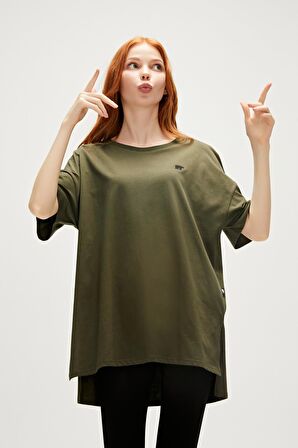 Aliana Oversize T-Shirt Haki Yeşil Basic Kadın Tişört