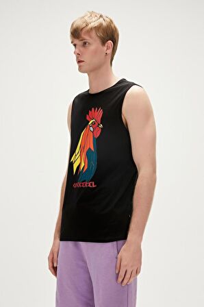 Cockerel Tank-Top Siyah Baskılı Erkek Atlet