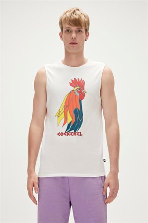 Cockerel Tank-Top Off-White Beyaz Baskılı Erkek Atlet