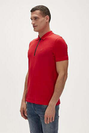 Cord Crimson Red Kırmızı Polo Yaka Fermuarlı Erkek T-Shirt
