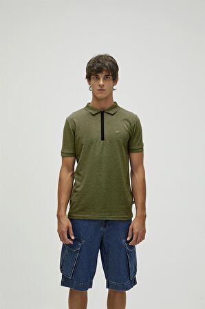 Cord Haki Yeşil Polo Yaka Fermuarlı Erkek T-Shirt