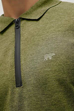 Cord Haki Yeşil Polo Yaka Fermuarlı Erkek T-Shirt