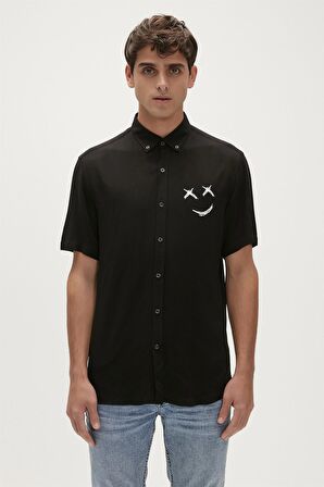 Smile Shirt Siyah Kısa Kollu Baskılı Erkek Gömlek