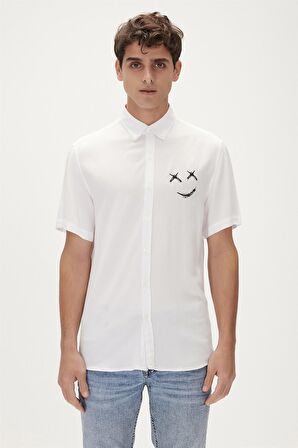 Smile Shirt Off-White Beyaz Kısa Kollu Baskılı Erkek Gömlek