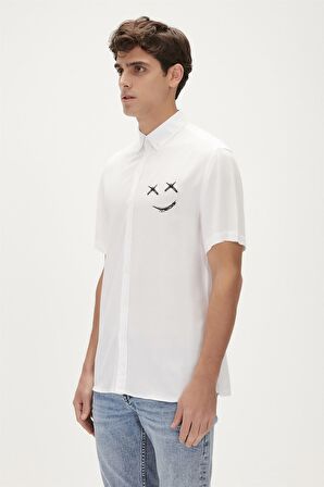 Smile Shirt Off-White Beyaz Kısa Kollu Baskılı Erkek Gömlek