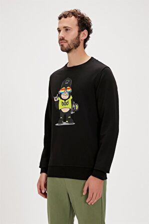 Funky Crewneck Siyah Baskılı Erkek Sweatshirt