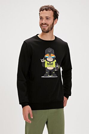 Funky Crewneck Siyah Baskılı Erkek Sweatshirt