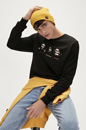 Play Hard Crewneck Siyah Baskılı Erkek Sweatshirt