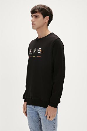 Play Hard Crewneck Siyah Baskılı Erkek Sweatshirt