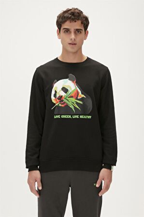 Re-Bamboo Crewneck Siyah Baskılı Erkek Sweatshirt