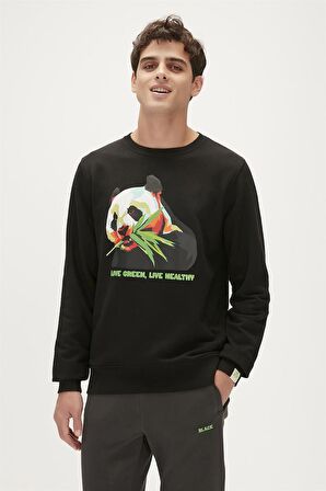 Re-Bamboo Crewneck Siyah Baskılı Erkek Sweatshirt
