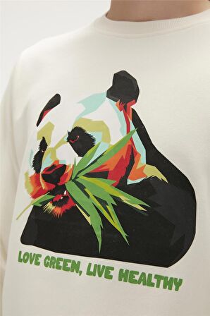 Re-Bamboo Crewneck Marshmallow Beyaz Baskılı Erkek Sweatshirt