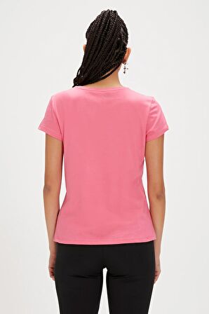 Logo Tee Pembe Logo Baskılı Basic Kadın Tişört