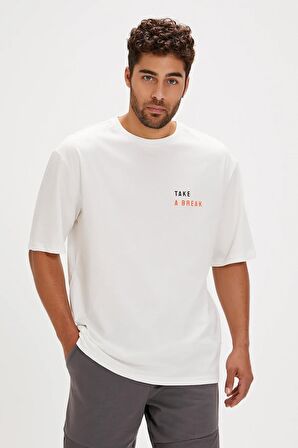 Sand Beyaz Baskılı Oversize Erkek Tişört